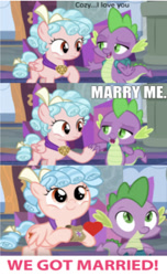 Size: 583x958 | Tagged: safe, edit, edited edit, edited screencap, editor:undeadponysoldier, screencap, cozy glow, spike, dragon, pegasus, pony, school raze, comic, cozybetes, cozyspike, cute, female, filly, heart, male, married couple, needs more jpeg, screencap comic, shipping, spikabetes, straight