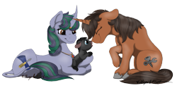 Size: 1023x511 | Tagged: safe, artist:voltage-art, oc, oc only, oc:aurora ironside, oc:fiona ironside, minotaur, pony, unicorn, adopted offspring, baby, boop, female, karloff, lego, mare, minotaurified, ninjago, noseboop, prone, simple background, sitting, transparent background, unshorn fetlocks