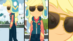 Size: 1164x655 | Tagged: safe, screencap, applejack, better together, equestria girls, holidays unwrapped, plusplus, sunglasses