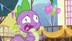 Size: 1334x750 | Tagged: safe, screencap, spike, dragon, balloon, faic, male, open mouth, ponyville, ponyville town hall, solo, sweat