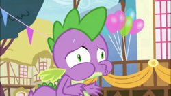 Size: 1334x750 | Tagged: safe, screencap, spike, dragon, balloon, faic, male, ponyville, ponyville town hall, solo, sweat