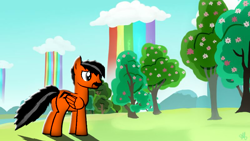 Size: 800x450 | Tagged: safe, oc, oc only, oc:power drift, pegasus, pony, base used, facial hair, male, moustache, older, rainbow waterfall, solo, stallion, stubble, time skip, tree