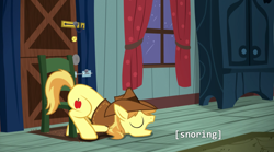 Size: 1280x713 | Tagged: safe, screencap, braeburn, pony, appleoosa's most wanted, chair, door, sleeping, solo