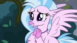 Size: 1024x576 | Tagged: safe, screencap, silverstream, hippogriff, school daze, cute, cute eyes, diastreamies, leaves, smiling, solo, teeth