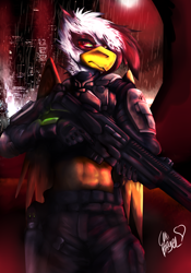 Size: 3500x5000 | Tagged: safe, artist:loki-bagel, oc, oc:kilo steelwing, anthro, griffon, armor, city, clothes, glasses, gun, solo, weapon