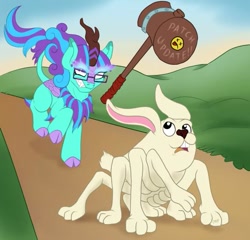 Size: 571x548 | Tagged: safe, artist:countessmrose, oc, oc:rattletrap, kirin, nirik, pony, ah my goddess, angry, caption, chase, debugging, emoji, glasses, hyper hammer, kirin oc, kirinsona, legends of equestria, levitation, magic, mallet, meme, nirik-ified, oh my goddess, patch, rage face, running, system bug, telekinesis, text, update