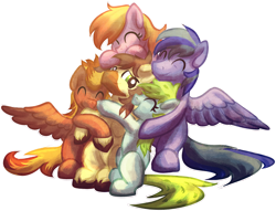 Size: 3566x2727 | Tagged: safe, artist:amura-of-jupiter, oc, oc only, oc:calpain, earth pony, pegasus, pony, series:random gifting is magic, appreciation, generic pony, gift art, group hug, hug, messy hair, spread wings, wings