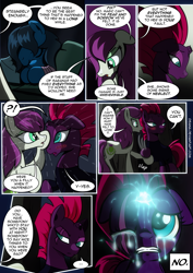 Size: 2480x3508 | Tagged: safe, artist:dsana, fizzlepop berrytwist, tempest shadow, oc, oc:lullaby dusk, oc:thistledown, earth pony, pegasus, pony, unicorn, comic:a storm's lullaby, my little pony: the movie, broken horn, comic, crying, eye scar, female, filly, flashback, horn, mare, scar, sparking horn