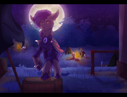 Size: 3000x2300 | Tagged: safe, artist:foxleepy, oc, oc only, oc:dawn sentry, bat pony, pony, armor, bat wings, campfire, claws, female, guarding, mare, moon, night guard, night guard armor, wings