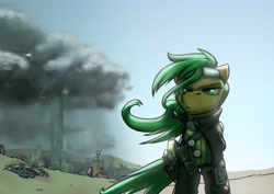 Size: 1920x1363 | Tagged: safe, artist:captainhoers, oc, oc only, oc:atom smasher, pegasus, pony, fallout equestria, fallout equestria: duck and cover, clothes, fanfic art, female, goggles, gun, jacket, mare, pipbuck, shutter shades, solo, swirly glasses, vault suit, wasteland, weapon