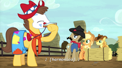 Size: 1280x719 | Tagged: safe, derpibooru import, screencap, applejack, braeburn, caramel, sheriff silverstar, earth pony, pony, appleoosa's most wanted, clown, harmonica, hay bale, musical instrument