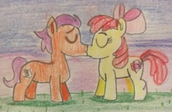 Size: 3024x1964 | Tagged: safe, artist:13mcjunkinm, apple bloom, tender taps, earth pony, pony, female, kissing, male, shipping, straight, tenderbloom, traditional art