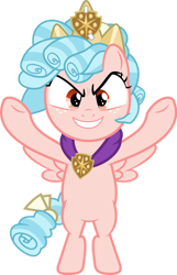 Size: 718x1112 | Tagged: safe, cozy glow, pegasus, pony, school raze, caption, evil grin, flying, grin, image macro, smiling, solo, text, vector