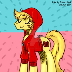 Size: 898x890 | Tagged: safe, artist:princeclark, artist:xieril, color edit, edit, braeburn, earth pony, pony, abstract background, clothes, colored, cutie mark, eyes closed, hoodie, signature, solo