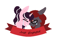 Size: 457x329 | Tagged: safe, artist:paint-pot, oc, oc:curse word, oc:magpie, pony, banner, crying, female, lesbian, simple background, transparent background