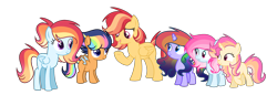 Size: 3061x1052 | Tagged: safe, artist:thesmall-artist, oc, oc only, pegasus, pony, unicorn, female, filly, half-siblings, magical lesbian spawn, mare, offspring, parent:flash magnus, parent:flash sentry, parent:fluttershy, parent:princess celestia, parent:princess luna, parent:rainbow dash, parent:sunset shimmer, parents:dashlestia, parents:dashmagnus, parents:flashdash, parents:flutterdash, parents:lunadash, parents:sunsetdash, simple background, teenager, transparent background