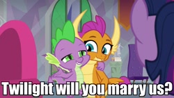 Size: 1920x1080 | Tagged: safe, edit, edited screencap, screencap, smolder, spike, twilight sparkle, twilight sparkle (alicorn), alicorn, dragon, sweet and smoky, caption, cute, dragoness, duo focus, female, friends, image macro, male, shipping, side hug, smolderbetes, spikabetes, spolder, straight, text, this will end in marriage, winged spike