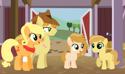 Size: 974x576 | Tagged: safe, artist:sistervailory, derpibooru import, applejack, braeburn, earth pony, pony, applecest, braejack, family, female, incest, male, offspring, parent:applejack, parent:braeburn, parents:braejack, product of incest, shipping, straight