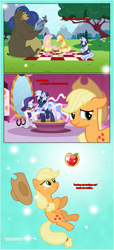 Size: 1919x4225 | Tagged: safe, artist:estories, derpibooru import, applejack, fluttershy, harry, rarity, oc, oc:silverlay, bear, earth pony, fish, pegasus, pony, unicorn, comic:a(pple)ffection, clothes, comic, dress, female, mare, picnic, picnic blanket