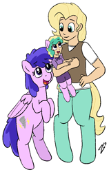 Size: 608x962 | Tagged: safe, artist:heretichesh, plumberry, oc, oc:bluster squall, oc:gale, pegasus, pony, satyr, clothes, cute, family, father and child, father and daughter, female, male, mother and child, mother and daughter, offspring, offspring's offspring, parent and child, parent:oc:gale, parent:plumberry, parent:zephyr breeze, shorts, simple background, vest, white background