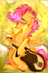 Size: 2000x3000 | Tagged: safe, artist:chrysgalaxy, scootaloo, pegasus, pony, bass guitar, chest fluff, ear fluff, exaggerated anatomy, floppy ears, fluffy, leg fluff, long snoot, long snout, musical instrument, scootabass, solo