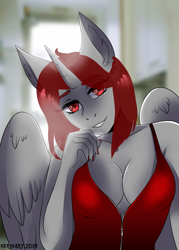 Size: 1500x2100 | Tagged: safe, artist:serodart, oc, alicorn, anthro, earth pony, pegasus, unicorn, absolute cleavage, breasts, cleavage, commission, female, looking at you, solo, ych example, your character here