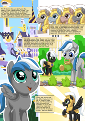 Size: 751x1063 | Tagged: safe, artist:mysticalpha, oc, oc:cloud zapper, oc:lilly louise sap, oc:winston zapper, earth pony, pegasus, pony, comic:cloud zapper and the helm of chaos, armor, colt, comic, male, royal guard, royal guard armor