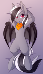 Size: 2664x4500 | Tagged: safe, artist:scarlet-spectrum, oc, oc only, oc:stormdancer, bat pony, pony, arm behind head, bandana, bat pony oc, looking at you, male, neckerchief, on back, smiling, solo, stallion