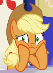 Size: 465x642 | Tagged: safe, derpibooru import, edit, edited screencap, screencap, applejack, earth pony, pony, sparkle's seven, cropped, friendship throne, hooves on cheeks, solo, squishy cheeks, stare