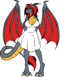 Size: 1060x1273 | Tagged: safe, artist:burningsnowflakeproductions, oc, oc:calvia, anthro, dragon, blushing, breasts, cleavage, clothes, dragoness, dress, embarrassed, female, hands behind back, horns, tail, tsundere, wings