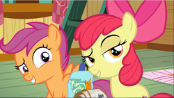 Size: 1551x877 | Tagged: safe, screencap, apple bloom, scootaloo, earth pony, pegasus, pony, growing up is hard to do, bow, carrot, cropped, duo, female, filly, food, hair bow, raised eyebrow, saddle bag, smiling, smirk, snacks, spread wings, wings