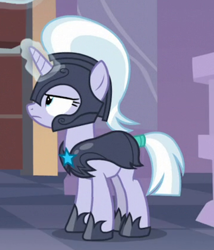 Size: 400x468 | Tagged: safe, screencap, silver sable, pony, unicorn, sparkle's seven, armor, background pony, cropped, female, glowing horn, guardsmare, helmet, hoof shoes, horn, magic, magic aura, mare, narrowed eyes, night guard, royal guard, solo, tail wrap, unicorn royal guard