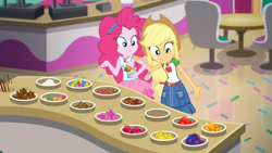 Size: 1600x902 | Tagged: safe, screencap, applejack, pinkie pie, better together, choose your own ending, equestria girls, tip toppings, tip toppings: applejack, confectionery, geode of sugar bombs, geode of super strength, magical geodes