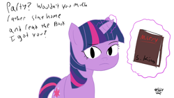 Size: 1920x1080 | Tagged: safe, twilight sparkle, unicorn twilight, pony, unicorn, /mlp/, book, dialogue, frown, looking at you, magic, magic aura, misery, signature, simple background, solo, stephen king, white background