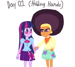 Size: 3000x2695 | Tagged: safe, artist:bigpurplemuppet99, saffron masala, twilight sparkle, equestria girls, 30 day otp challenge, afro, blushing, female, holding hands, lesbian, shipping, twiffron