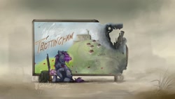 Size: 1190x671 | Tagged: safe, artist:gonedreamer, oc, pony, unicorn, fallout equestria, bandage, billboard, burned, gun, injured, magic, poster, rifle, saddle bag, tail wrap, telekinesis, weapon