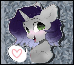 Size: 4100x3600 | Tagged: safe, artist:reterica, oc, oc:moonsonat, pony, unicorn, abstract background, blue mane, blushing, bust, chest fluff, cute, female, green eyes, heart, mare, open mouth, smiling, solo, speech bubble