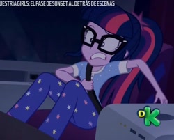 Size: 1002x805 | Tagged: safe, screencap, sci-twi, twilight sparkle, better together, equestria girls, sunset's backstage pass!, clothes, cropped, glasses, pajamas, seatbelt, shocked face, solo