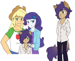 Size: 2220x1792 | Tagged: safe, artist:fantasygerard2000, applejack, rarity, oc, oc:apatite, abyssinian, hybrid, better together, equestria girls, applejack's hat, cowboy hat, female, hat, headcanon, headcanon in the description, interspecies offspring, lesbian, next generation, offspring, parent:applejack, parent:capper dapperpaws, parent:rarity, parents:capperity, rarijack, shipping, simple background, sperm donation, white background