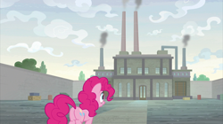 Size: 2400x1348 | Tagged: safe, derpibooru import, screencap, pinkie pie, earth pony, pony, the last laugh, building, chimney, factory, female, gag factory, mare, smoke, smokestacks, solo, walls