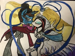 Size: 4032x3024 | Tagged: safe, artist:breezearia, oc, oc:midnight sonata, oc:thespio, pony, clothes, crown, dress, female, hat, jewelry, kissing, male, marriage, photo, regalia, straight, top hat, traditional art, wedding, wedding dress