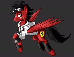 Size: 2200x1700 | Tagged: safe, artist:whitepone, oc, pegasus, pony, clothes, ferrari, flying, glasses, hoodie, male, stallion