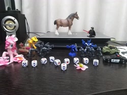 Size: 4032x3016 | Tagged: safe, derpibooru import, photographer:horsesplease, applejack, pinkie pie, earth pony, horse, pony, barricade, cadian shock troops, clash of hasbro's titans, clydesdale, collection, dice, figurine, flower, flower in hair, gaming miniature, hound, imperial guard, kylo ren, lego, miniature, ork, sakura pie, space marine, transformers, ultramarine, warhammer (game), warhammer 40k, why