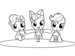 Size: 540x405 | Tagged: safe, earth pony, pegasus, pony, unicorn, one bad apple, babs seed song, black and white, bow, coloring book, coloring page, cute, cutie mark, drink, drinking, female, filly, grayscale, looking at you, milkshake, monochrome, ponytail, simple background, straw, white background