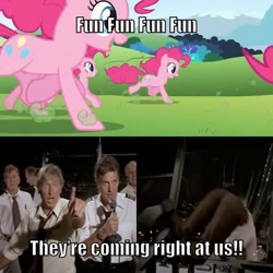 Size: 710x710 | Tagged: safe, derpibooru import, edit, screencap, pinkie pie, earth pony, pony, too many pinkie pies, airplane!, broken window, clone, female, fun, funny, imminent death, jumping out of a window, leslie nielsen, lots of pink, mare, meme, panic, pinkie clone, running, smoke, window