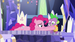 Size: 1920x1080 | Tagged: safe, derpibooru import, screencap, pinkie pie, spike, dragon, earth pony, pony, the last laugh, claws, cupcake, cutie map, female, food, male, prone, twilight's castle, winged spike