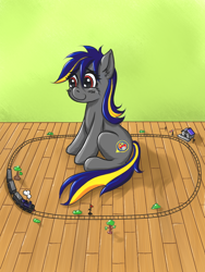 Size: 768x1024 | Tagged: safe, artist:hebini, oc, oc only, oc:summer dawn, pony, earth pony oc, model train, solo, toy, train