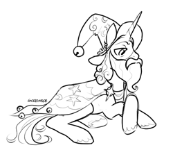 Size: 635x581 | Tagged: safe, artist:goodmode, star swirl the bearded, pony, unicorn, lying down, male, monochrome, prone, solo, stallion