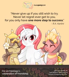 Size: 1440x1604 | Tagged: safe, artist:nusaponycon, oc, oc:indonisty, oc:nuning, oc:salasika, alicorn, pony, advice, alicorn oc, determination, feminism, indonesia, kartini day, nusaponycon, positive ponies, r.a. kartini, women's rights