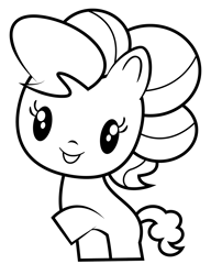 Size: 1120x1458 | Tagged: artist needed, source needed, safe, derpibooru import, pinkie pie, earth pony, pony, black and white, chibi, coloring book, coloring page, cute, diapinkes, female, grayscale, happy, mare, monochrome, simple background, solo, white background